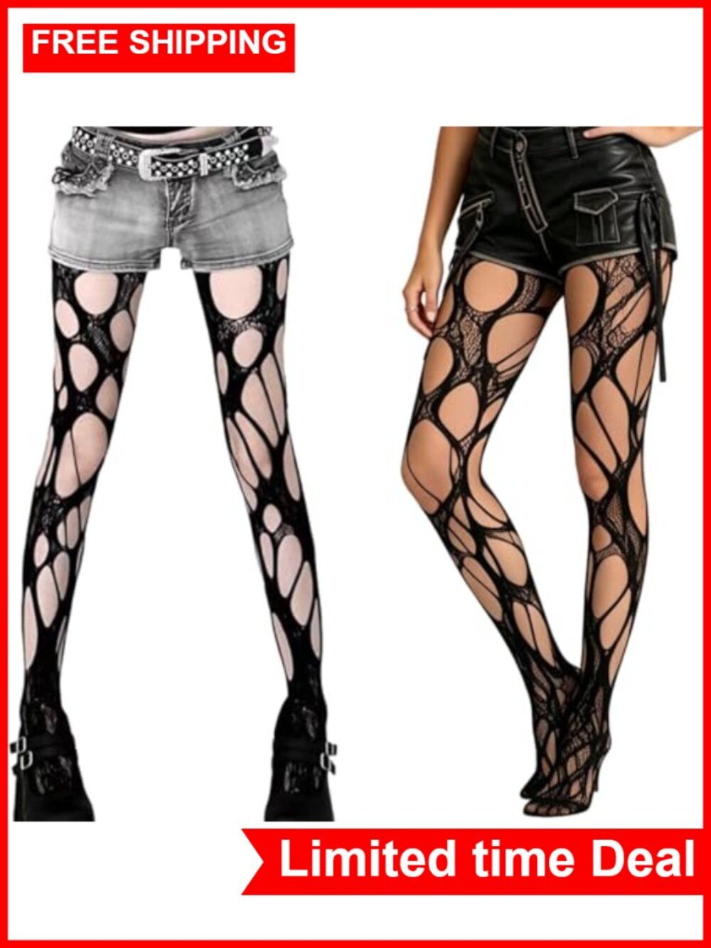 Women's Ripped Fishnet Tights Gothic Punk Y2k Mesh Stockings Halloween Cosplay
